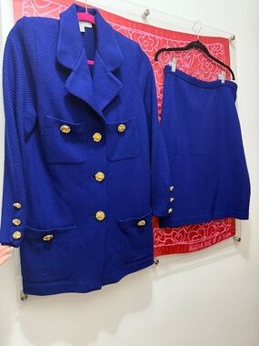 St. John Royal Blue Knit Blazer and Skirt Set with Gold Buttons